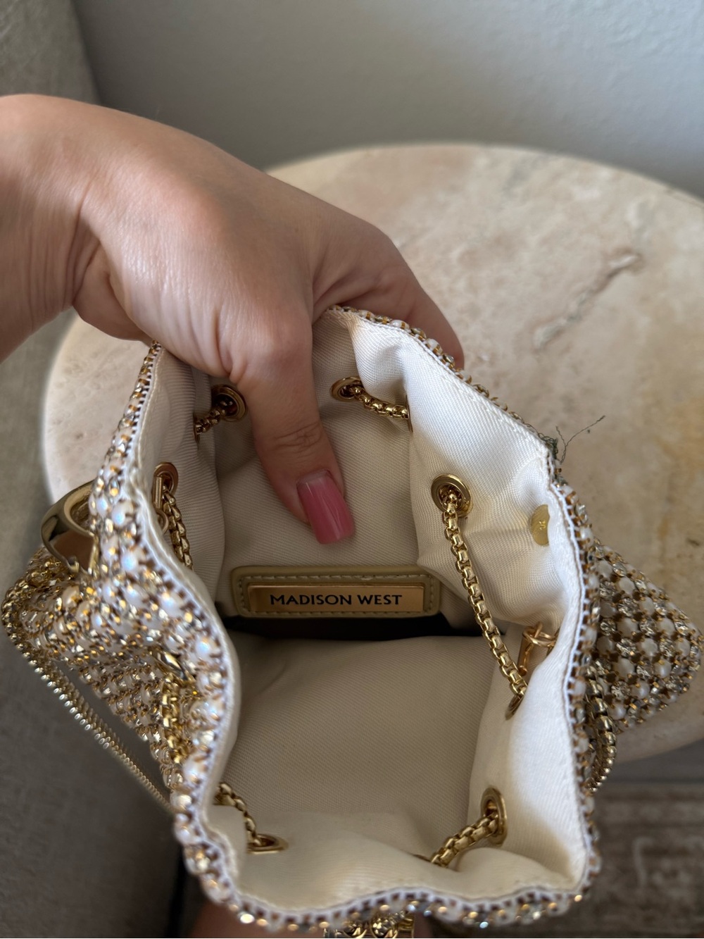 Madison West Pearl Rhinestone Bucket Bag Gold Handle Wedding Evening Bag - Picture 7 of 10